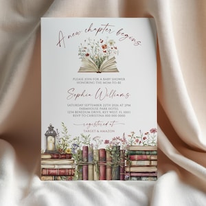 Invito per baby shower "Un nuovo capitolo inizia" / Invito a tema libro rustico modificabile / Modello per baby shower con biblioteca floreale vintage / Stampabile