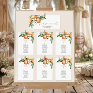 Orange Citrus Bruiloft Stoelindeling Kleine Pagina's | BEWERKBARE sjabloon | Zomer vind je zitplaatskaarten | DIY-abonnement | Ontwerp met tropische bloemen