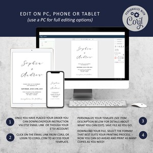 May include: A digital mockup of a wedding invitation template on a computer screen, tablet, and phone. The invitation is for Sophia and Andrew and features a simple, elegant design with black text on a white background. The text on the invitation reads "Sophia + Andrew" and includes the date, time, and location of the wedding. The text on the screen says "Personalize with Corjl" and provides instructions on how to edit and download the template.