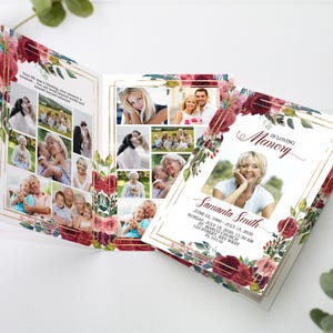 Modèle de programme de funérailles de fleurs rouges | Programme commémoratif imprimable MODIFIABLE | Nécrologie florale | Carte mémoire In Loving | 8 pages
