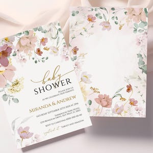 Uitnodiging babyshower wilde bloemen | BEWERKBARE sjabloon | Rustieke wilde bloemen afdrukbare meisje strooi uitnodiging | Roze en rode brunchkaart met bloemen