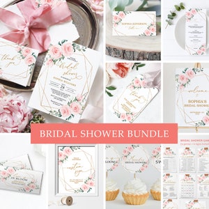 May include: A collection of bridal shower stationery with pink rose and green foliage designs. The items include invitations, place cards, and signage, all featuring geometric gold frames and elegant calligraphy. The bundle is perfect for a wedding.