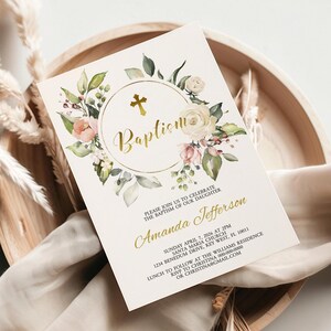 Boho Blush rosa Blumen Taufe Einladung | Bearbeitbare druckbare Widmungskarte | Gold Glitter Mädchen Taufe einladen
