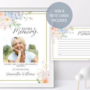 fleurs roses et bleues de partage de souvenirs | Modèle MODIFIABLE | Panneau imprimable Célébration de la vie | Carte de service commémoratif cadre doré