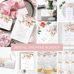 Bundel met uitnodigingen voor vrijgezellenfeesten met zachte rozen | Bewerkbare Blush Rose Floral-sjabloon | Afdrukbare doucheuitnodiging, spelletjes en decoraties