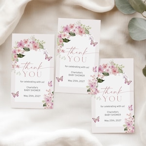 Etiqueta de agradecimiento para baby shower con diseño de flor de manzano rosa ruborizado / Plantilla editable / Etiqueta de regalo con mariposas y flores estilo bohemio / Etiquetas de regalo imprimibles de 5 x 8,9 cm
