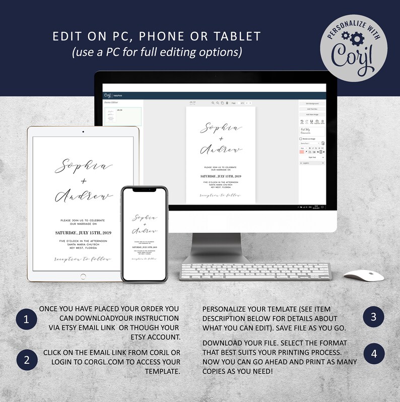 May include: A digital mockup of a wedding invitation template on a computer screen, tablet, and phone. The invitation is for Sophia and Andrew and features a simple, elegant design with black text on a white background. The text on the invitation reads "Sophia + Andrew" and includes the date, time, and location of the wedding. The text on the screen says "Personalize with Corjl" and provides instructions on how to edit and download the template.