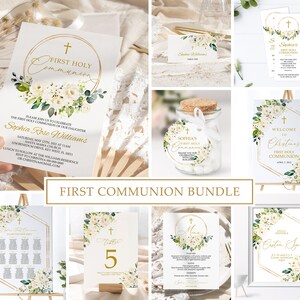 Floral First Communion Invitation Bundle: White Roses (Editable Template)