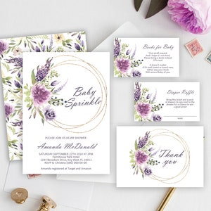 Lavendel Baby Sprinkle Einladung Set, druckbare EDITIERBARE Vorlage, Grün Lila & Rosa Mädchen Dusche Einladungskarte, Boho Brunch Event Pack