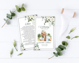 White Rose Funeral Prayer Card: Editable Memorial Template (Digital Download)