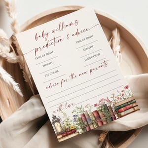 Baby Predictions and Advice Card | EDITABLE Baby Shower Game Template | Printable Boho Wildflower & Books Guess Card | Baby Brunch Activity