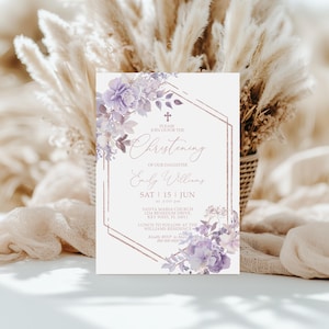 faire-part de baptême fleurs violettes | Cadre bohème floral lavande et or rose | Dédicace modifiable d'une fillette, modèle de baptême