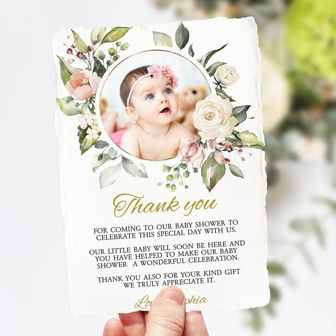 Floral Baby Shower Thank You Card With Photo: Editable Template ...