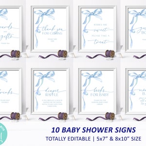 Pacote de sinal de chá de bebê com laço azul, modelo personalizado de fita aquarela EDITÁVEL para menino, sinal azul claro imprimível para polvilhar bebê, conjunto 8x10 e 5x7