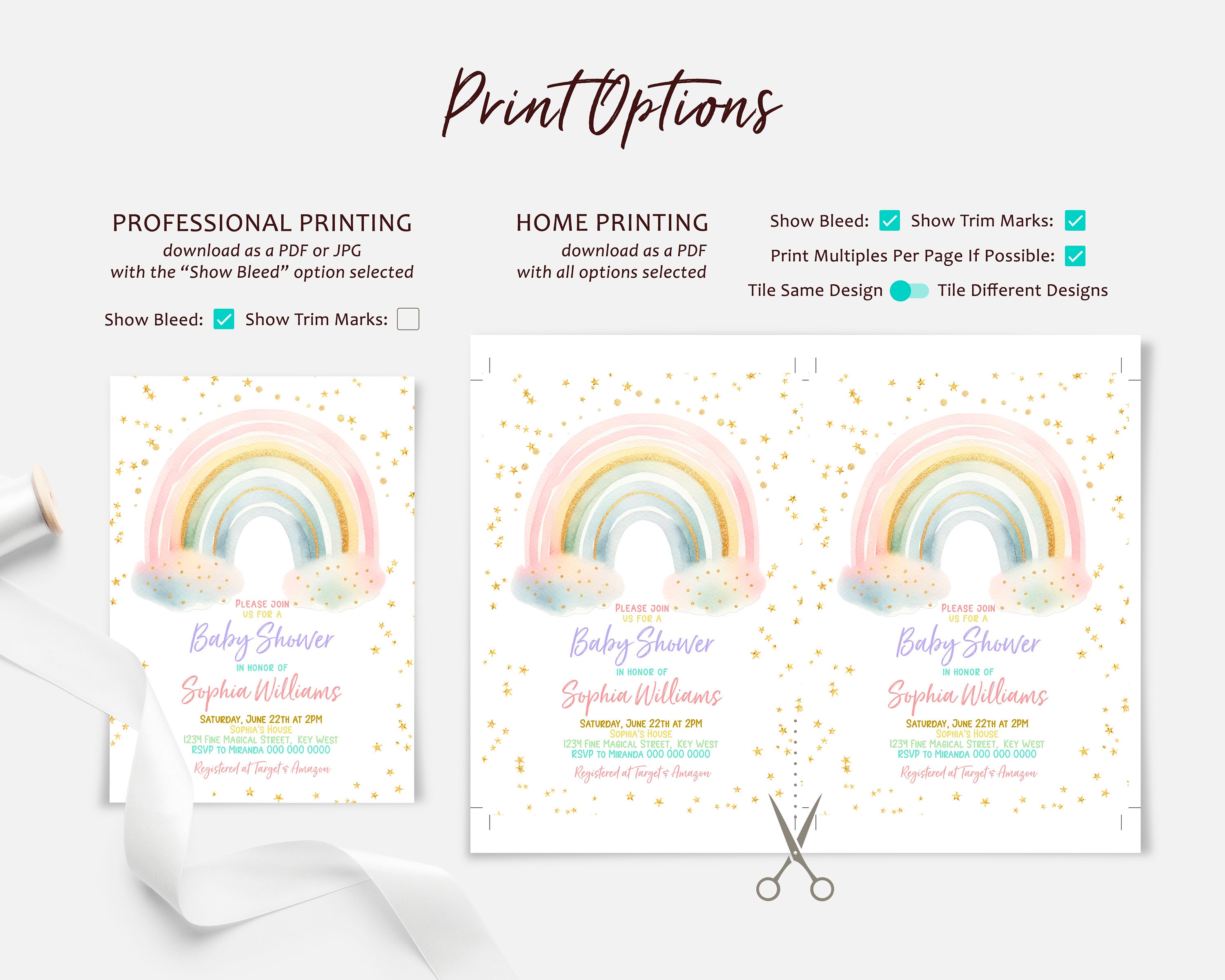 Pastel Rainbow Baby Shower Invitation: Gold Stars (EDITABLE Printable ...