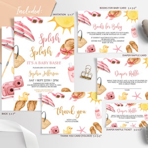 Splish Splash Baby Bash Mädchen-Babyparty-Einladungs-Set, EDITIERBARE druckbare Sommer Girl-Babyparty-suitenvorlage, Pink Beach-Babyparty