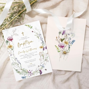 faire-part de baptême de fleurs sauvages | Modèle MODIFIABLE | Faire-part de baptême imprimable fleurs sauvages de pavot rouge | Carte de dédicace florale jaune