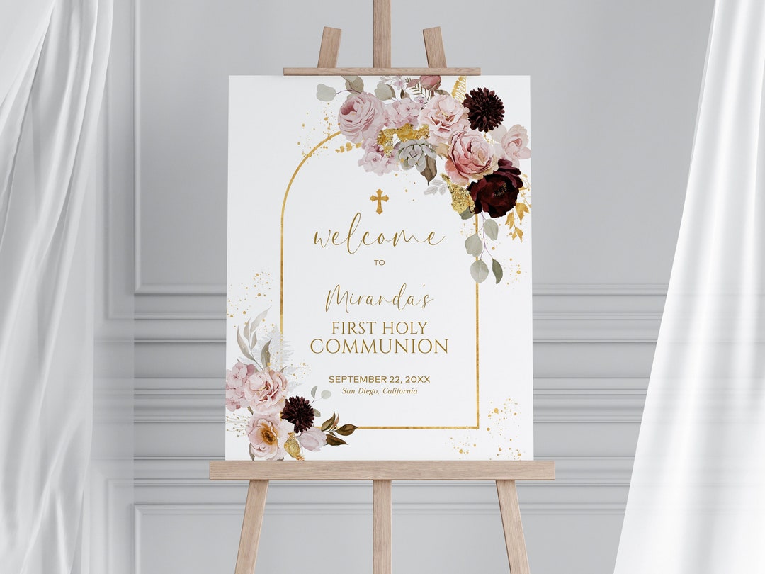 Communion Post Sign Bohemian First Holy Communion Welcome Sign, EDITABLE Pink Rose & Gold ...
