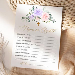 Blush Pink & Violet Blumen Gebete für Baby Grußkarten | Bearbeitbare Lila Blumen Taufe Gebetskarte Vorlage | Boho Babyparty wünscht Karte