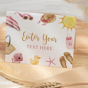 Tarjeta de buffet "Splish Splash" / Plantilla de etiquetas de comida con diseño de chica de verano, editable e imprimible / Tarjeta de buffet "DIY" con temática de playa rosa