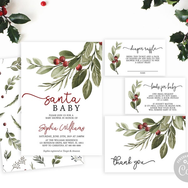 Santa Baby Winter Baby Shower Invitation Set, EDITABLE Template, Printable Christmas Green Leaf Event Pack, Holiday Baby Sprinkle