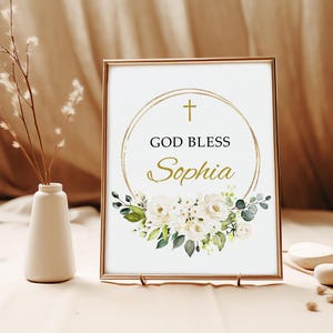 Letrero de flores blancas con la bendición de Dios / Plantilla editable / Letrero de bautizo con vegetación / Letrero floral de primera comunión / Póster imprimible de rosa blanca grande