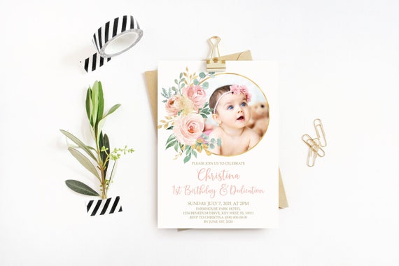 Floral 1st Birthday Invitation: Blush Pink & Gold, Boho Girl (EDITABLE Template)
