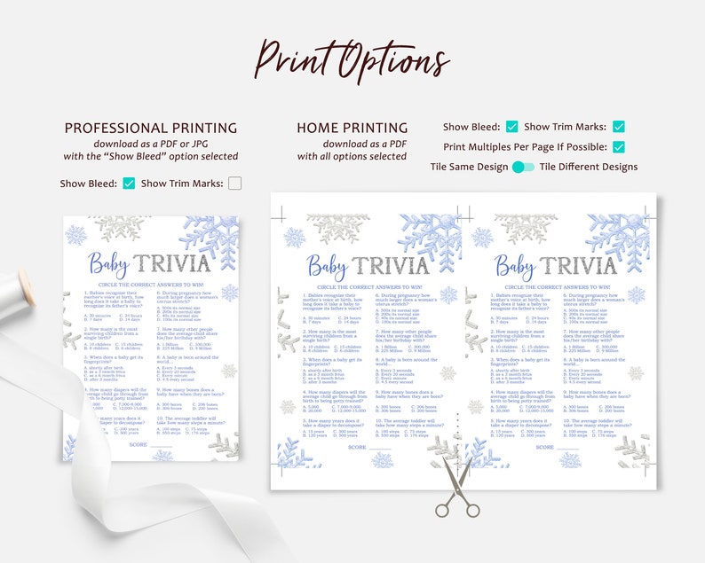 Winter Baby Shower Trivia, Blue & Silver Snowflakes, Printable Baby