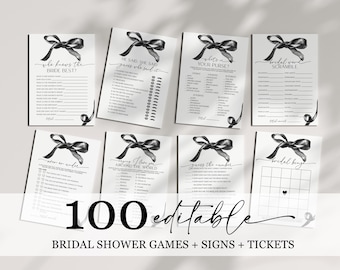 Black Bow Bridal Shower Games Bundle: Elegant Watercolor (Printable)