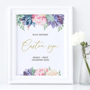 Unbegrenzte Sukkulenten Duschschilder | EDITIERBARE benutzerdefinierte Zeichenvorlage | Lila Blumen bedruckbar | 5x7 & 8x10 Hochzeit, Taufe, Geburtstag Zeichen