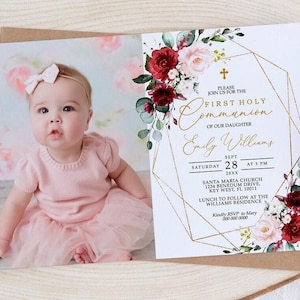 Marsala & Blush rosa Blumen erste heilige Kommunion Einladung | EDITIERBARE Vorlage | Rose Blumen Printable Foto Taufe einladen | Goldrahmen