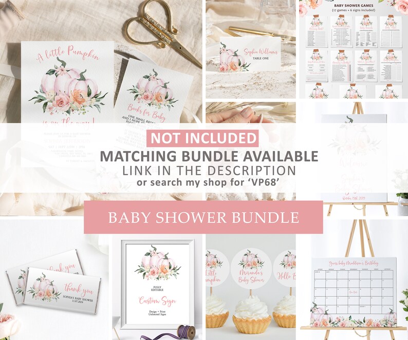 May include: A printable baby shower bundle with a pumpkin theme. The bundle includes invitations, thank you cards, food labels, cupcake toppers, a sign, and games. The design features watercolor pumpkins, pink flowers, and a white background.