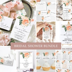 Peach Rose Bridal Shower Invitation Bundle, EDITABLE Coral Flowers & Greenery Template, Printable Shower Invitation Games and Decorations