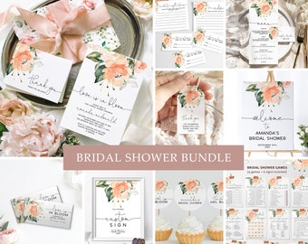 Peach Rose Bridal Shower Invitation Bundle, EDITABLE Coral Flowers & Greenery Template, Printable Shower Invitation Games and Decorations