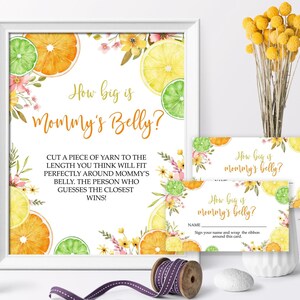 Jogo "Qual o tamanho da barriga da mamãe" | Conjunto de jogos para chá de bebê "Cutie Citrus" editável | Cartões com o tema "Flores tropicais de verão" para imprimir