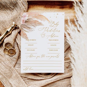 Pampas Grass Baby Predictions & Advice Game, EDITABLE, Printable Boho Gold Glitter Brunch Activities, Blush Pink Flowers Shower Template