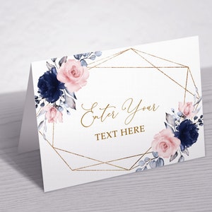 Blush Pink & Navy Floral Buffet Karte • Bearbeitbare druckbare Vorlage für Lebensmitteletiketten • SOFORTIGER DOWNLOAD • Boho Blau und Gold DIY Buffet Zelt Karte