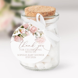 Bedankkaartje met zachte rozenbloemen | BEWERKBARE ronde sjabloon bedankstickers | Afdrukbare blush roze bloemen bruids bedankkaartje | Babyshower