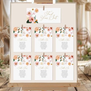 Organigramme du mariage Fleurs pêcher et rose pâle Petites pages | Modèle MODIFIABLE | Fleurs de pavot - Cartes Trouvez votre siège | Plan imprimable DIY