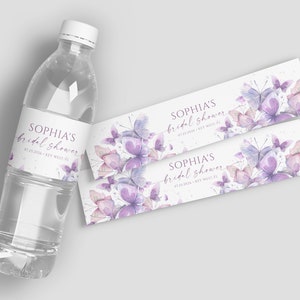 Étiquette de bouteille d'eau papillons | Modèle d'étiquettes pourpre et rose d'eau de baby shower MODIFIABLE | Étiquette imprimable pour brunch de mariée | Thème nature