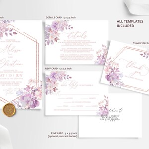 Purple Flowers Wedding Invitation Set | EDITABLE Elegant Rose Gold Frame Template | Printable Lavender Floral RSVP, Details & Thank You Card