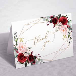 マルサラ＆ブラッシュピンクの花柄サンキューカード、印刷可能なサンキューノート、赤いバラの花柄サンキューカード、ボヘミアンベビーシャワー、エレガントな誕生日