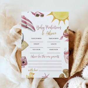 Jeu de prédictions et conseils pour bébé Splish Splash | Modèle de conception de fille d'été MODIFIABLE | Activités imprimables pour le brunch | Carte de plage rose