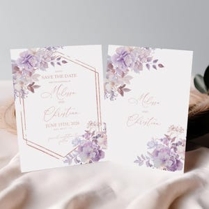 Les fleurs pourpres font gagner l'invitation | Cadre en or rose MODIFIABLE | de Carte de mariage imprimable | Calligraphie florale lavande