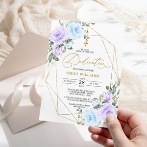 Blaue Blumen-Widmungs-Einladung | EDITIERBARE Vorlage | Boho Floral Neutral druckbare Taufe einladen | Goldrahmen Karte