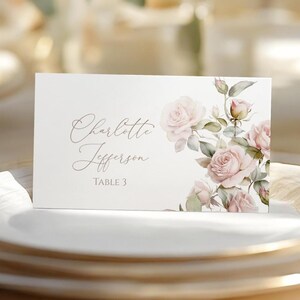 Gentle Rose Flowers Place Cards | EDITABLE Template | Printable Blush Pink Floral Seating Name Place Card | Bridal, Bohemian Shower, Wedding