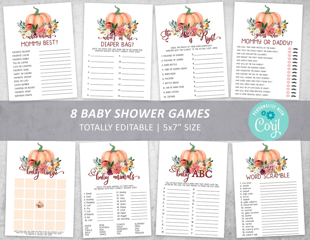 Fall Baby Shower Game Set, 100% EDITABLE, Pumpkin Games Bundle, Neutral ...