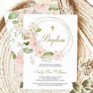 Modèle d'invitation de baptême | Faire-part de baptême de fleurs roses rose poudré | Couronne de pommes bohème pour fille | Téléchargement instantané