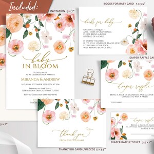 Peach & Blush Blumen Baby in Bloom Einladungs-Set | EDITIERBARE druckbare Mohnblumen-Babypartyvorlage | Goldakzente Baby Sprinkle
