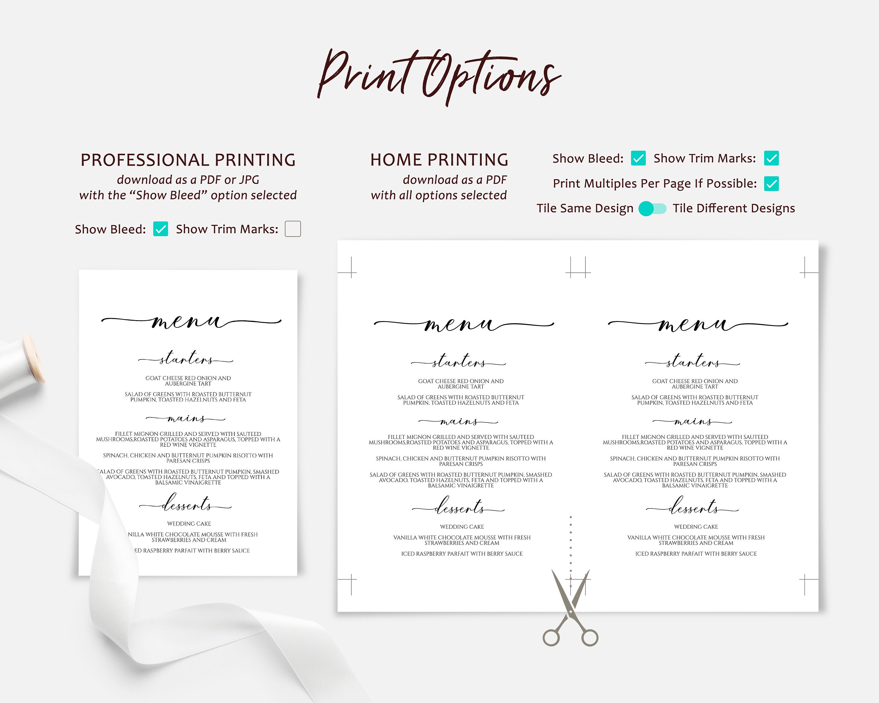 Menu Calligraphie Minimalist Calligraphy Menu Template: Editable Printable 5x7 & 4x9 ...
